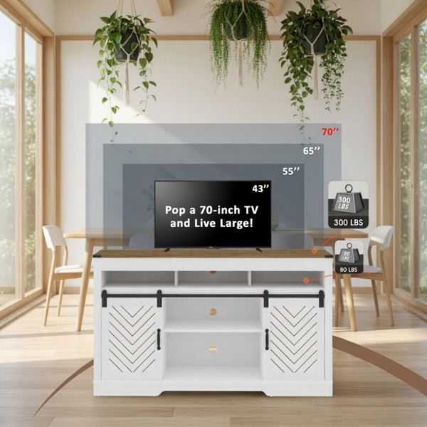 English Elm 58" Farmhouse Tv Stand with Sliding Barn Doors Ivory Oak Two-tone Media Storage B082P514964