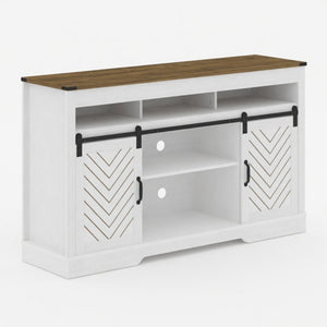 English Elm 58" Farmhouse Tv Stand with Sliding Barn Doors Ivory Oak Two-tone Media Storage B082P514964