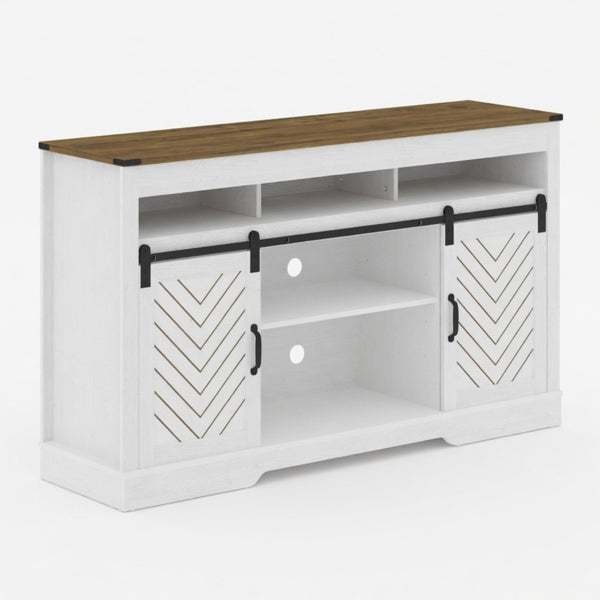 English Elm 58" Farmhouse Tv Stand with Sliding Barn Doors Ivory Oak Two-tone Media Storage B082P514964