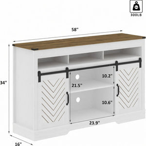 English Elm 58" Farmhouse Tv Stand with Sliding Barn Doors Ivory Oak Two-tone Media Storage B082P514964