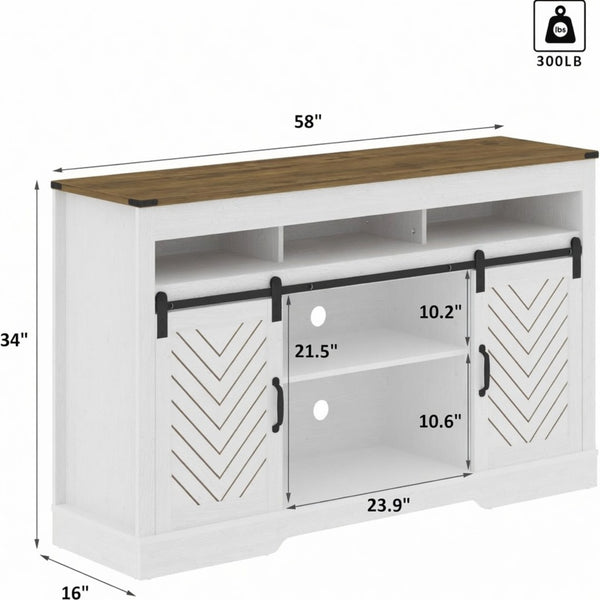 English Elm 58" Farmhouse Tv Stand with Sliding Barn Doors Ivory Oak Two-tone Media Storage B082P514964