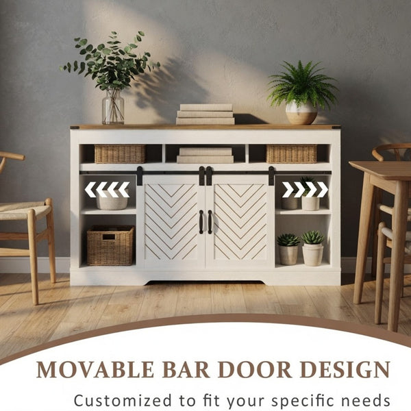 English Elm 58" Farmhouse Tv Stand with Sliding Barn Doors Ivory Oak Two-tone Media Storage B082P514964