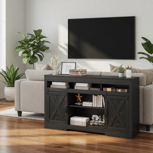 English Elm 58" Farmhouse Entertainment Center with Sliding Barn Doors for Large Living Rooms B082P514965