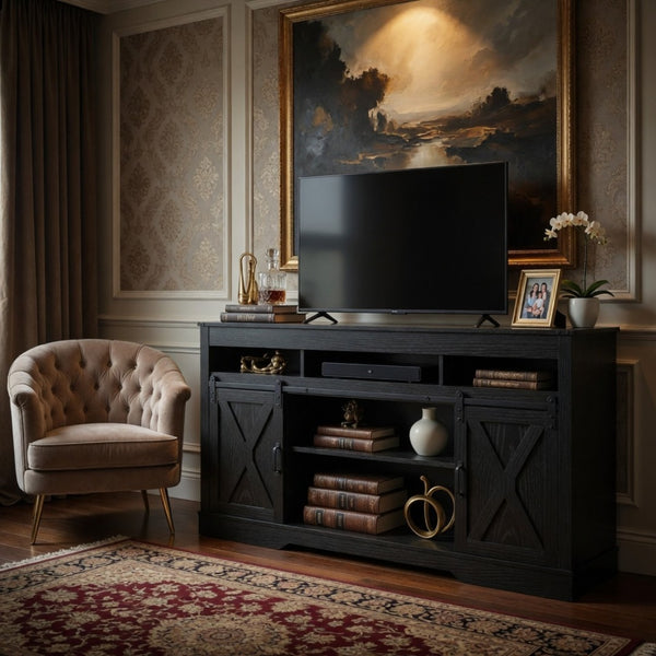 English Elm 58" Farmhouse Entertainment Center with Sliding Barn Doors for Large Living Rooms B082P514965