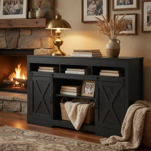 English Elm 58" Farmhouse Entertainment Center with Sliding Barn Doors for Large Living Rooms B082P514965
