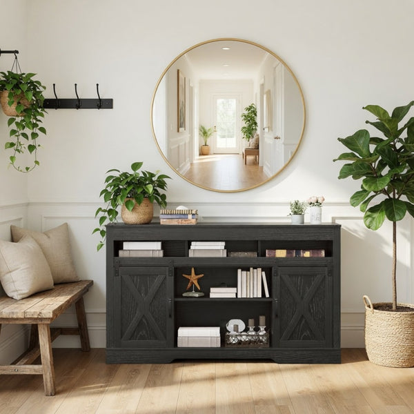 English Elm 58" Farmhouse Entertainment Center with Sliding Barn Doors for Large Living Rooms B082P514965
