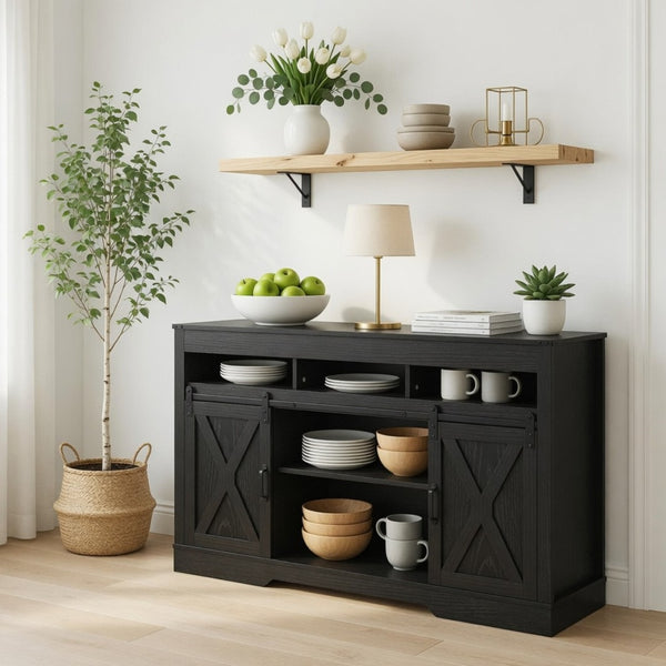 English Elm 58" Farmhouse Entertainment Center with Sliding Barn Doors for Large Living Rooms B082P514965