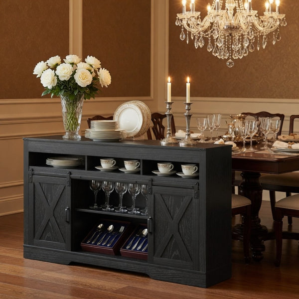 English Elm 58" Farmhouse Entertainment Center with Sliding Barn Doors for Large Living Rooms B082P514965