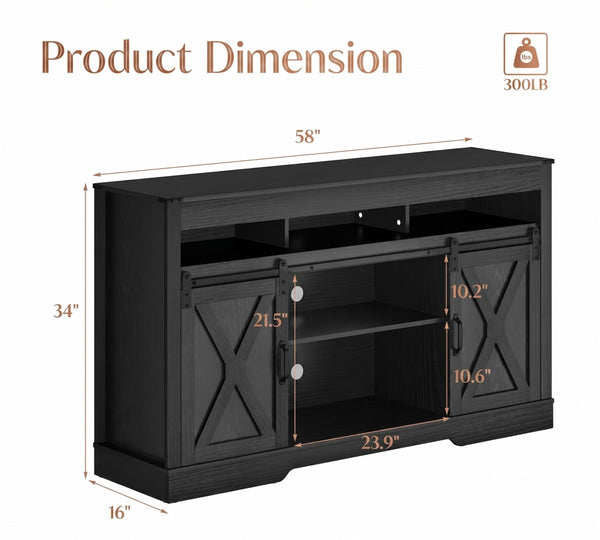 English Elm 58" Farmhouse Entertainment Center with Sliding Barn Doors for Large Living Rooms B082P514965