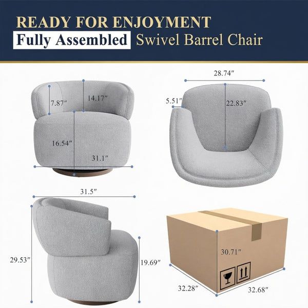 English Elm 32" Oversized Barrel Club Chair with 360 Swivel Base Plywood Frame Foam Cushion Grey B082P514967
