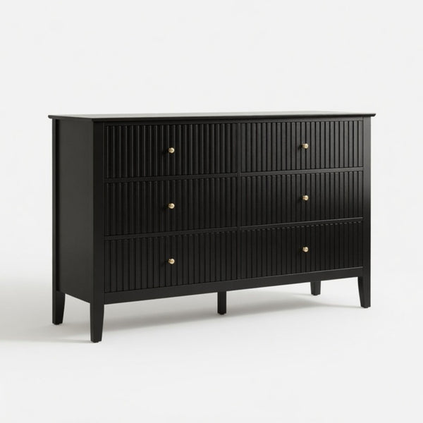 English Elm 47.2" Fluted Matte Six Drawer Dresser Modern Mdf Chest with Soft Close Storage Black B082P514968