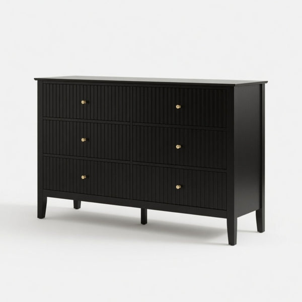 English Elm 47.2" Fluted Matte Six Drawer Dresser Modern Mdf Chest with Soft Close Storage Black B082P514968