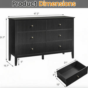English Elm 47.2" Fluted Matte Six Drawer Dresser Modern Mdf Chest with Soft Close Storage Black B082P514968