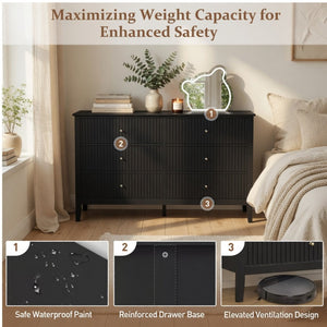English Elm 47.2" Fluted Matte Six Drawer Dresser Modern Mdf Chest with Soft Close Storage Black B082P514968