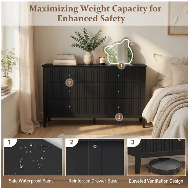English Elm 47.2" Fluted Matte Six Drawer Dresser Modern Mdf Chest with Soft Close Storage Black B082P514968