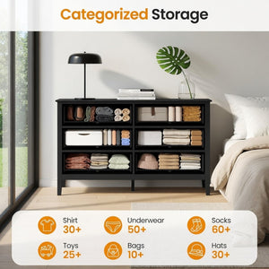 English Elm 47.2" Fluted Matte Six Drawer Dresser Modern Mdf Chest with Soft Close Storage Black B082P514968