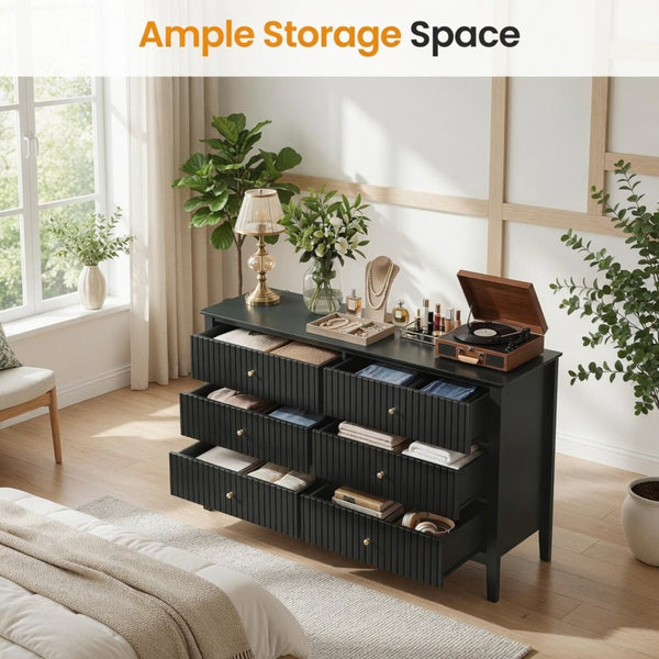 English Elm 47.2" Fluted Matte Six Drawer Dresser Modern Mdf Chest with Soft Close Storage Black B082P514968