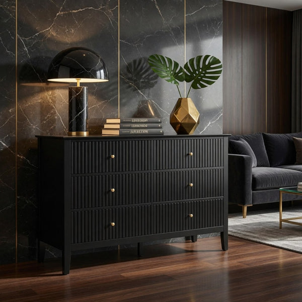 English Elm 47.2" Fluted Matte Six Drawer Dresser Modern Mdf Chest with Soft Close Storage Black B082P514968