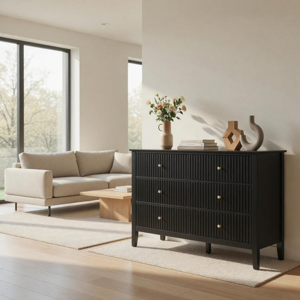 English Elm 47.2" Fluted Matte Six Drawer Dresser Modern Mdf Chest with Soft Close Storage Black B082P514968