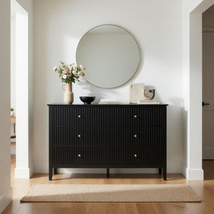 English Elm 47.2" Fluted Matte Six Drawer Dresser Modern Mdf Chest with Soft Close Storage Black B082P514968