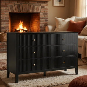 English Elm 47.2" Fluted Matte Six Drawer Dresser Modern Mdf Chest with Soft Close Storage Black B082P514968