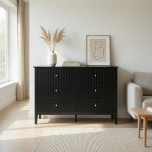English Elm 47.2" Fluted Matte Six Drawer Dresser Modern Mdf Chest with Soft Close Storage Black B082P514968