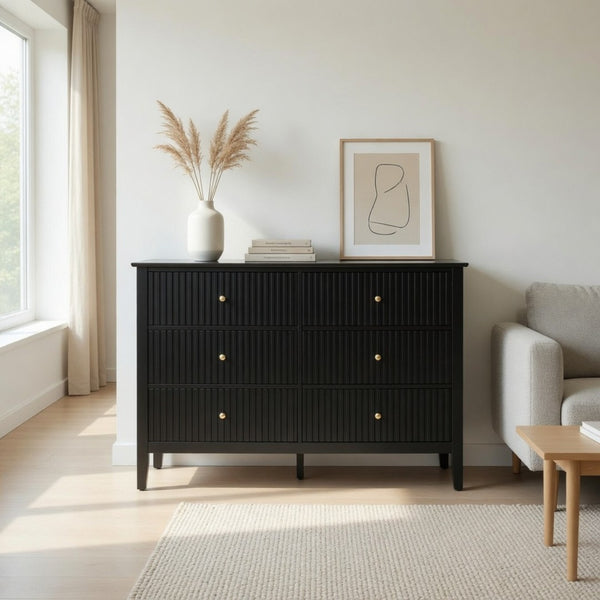 English Elm 47.2" Fluted Matte Six Drawer Dresser Modern Mdf Chest with Soft Close Storage Black B082P514968