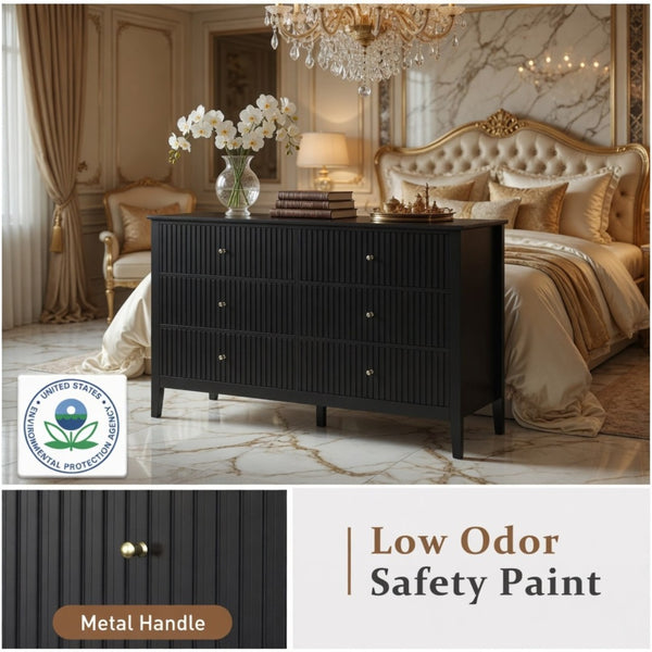 English Elm 47.2" Fluted Matte Six Drawer Dresser Modern Mdf Chest with Soft Close Storage Black B082P514968