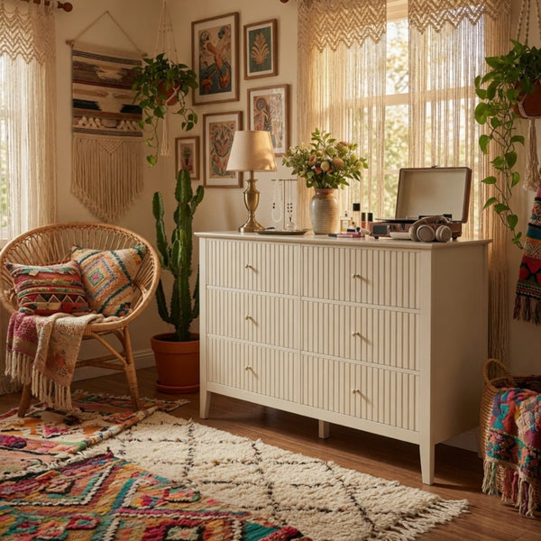 English Elm 47.2" Fluted Matte Six Drawer Dresser Modern Mdf Chest with Soft Close Storage B082P514969