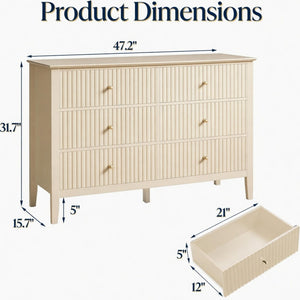 English Elm 47.2" Fluted Matte Six Drawer Dresser Modern Mdf Chest with Soft Close Storage B082P514969