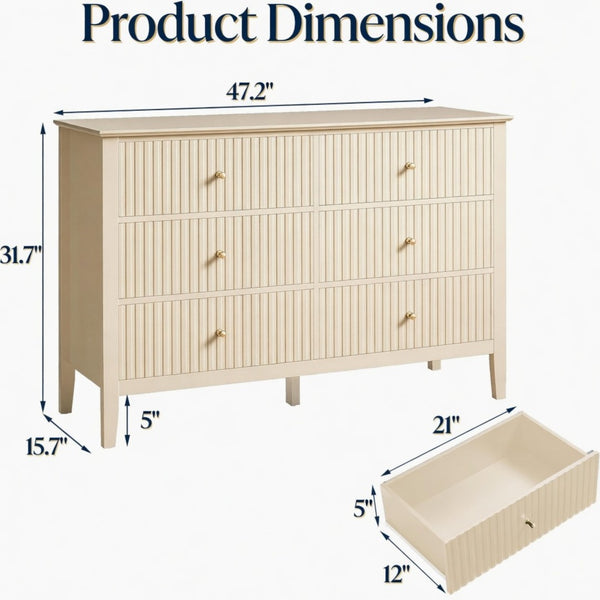 English Elm 47.2" Fluted Matte Six Drawer Dresser Modern Mdf Chest with Soft Close Storage B082P514969