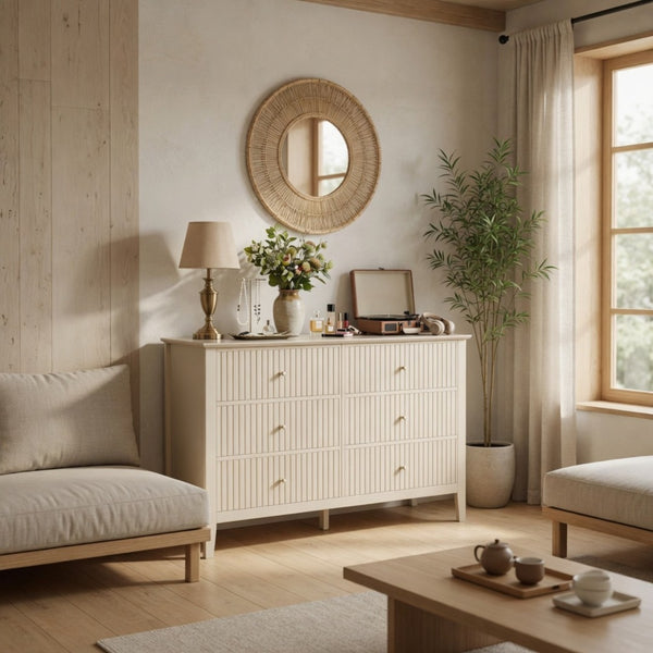English Elm 47.2" Fluted Matte Six Drawer Dresser Modern Mdf Chest with Soft Close Storage B082P514969