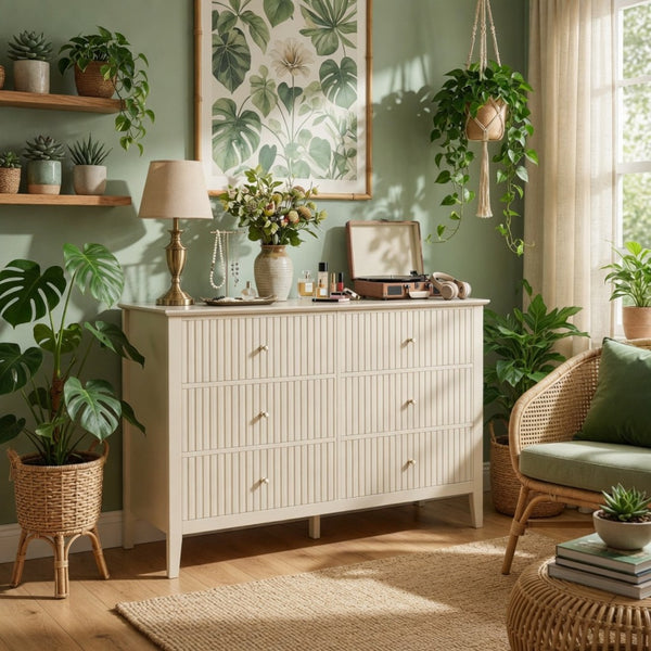 English Elm 47.2" Fluted Matte Six Drawer Dresser Modern Mdf Chest with Soft Close Storage B082P514969