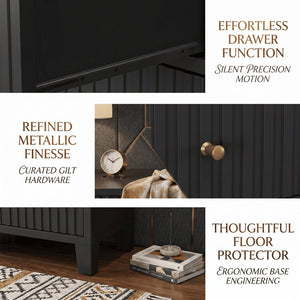 English Elm 18 Inch Fluted Matte Black Nightstand with Gold Knobs and Soft Close Drawers Modern Bedroom B082P514970