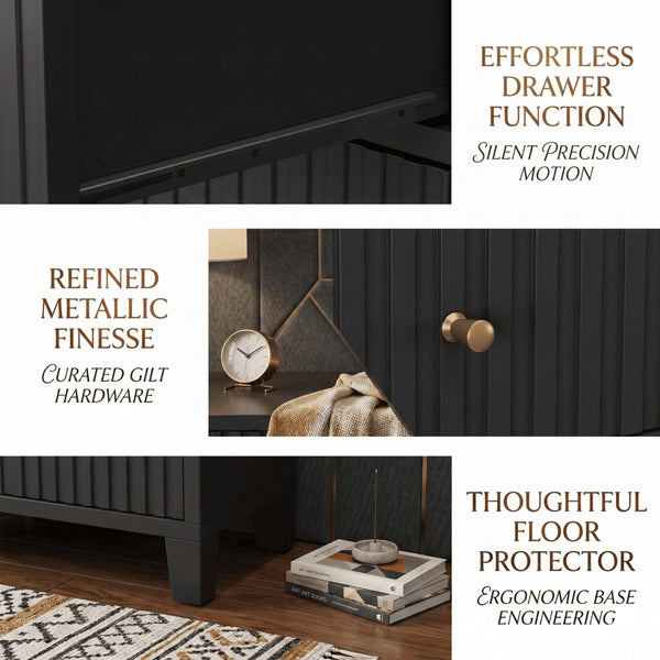 English Elm 18 Inch Fluted Matte Black Nightstand with Gold Knobs and Soft Close Drawers Modern Bedroom B082P514970