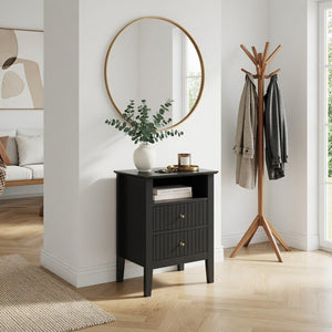 English Elm 18 Inch Fluted Matte Black Nightstand with Gold Knobs and Soft Close Drawers Modern Bedroom B082P514970