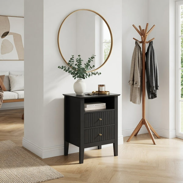 English Elm 18 Inch Fluted Matte Black Nightstand with Gold Knobs and Soft Close Drawers Modern Bedroom B082P514970