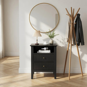English Elm 18 Inch Fluted Matte Black Nightstand with Gold Knobs and Soft Close Drawers Modern Bedroom B082P514970