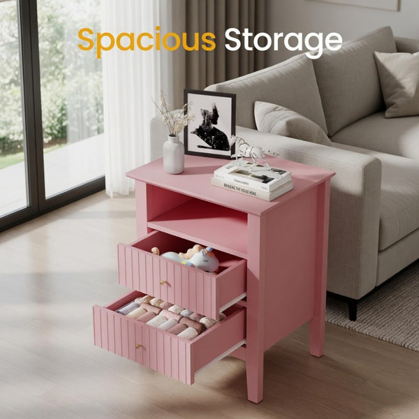 English Elm 18 Inch Fluted Pink Nightstand with 2 Drawers Gold Knobs Slim MDF Bedroom Side Table B082P514971