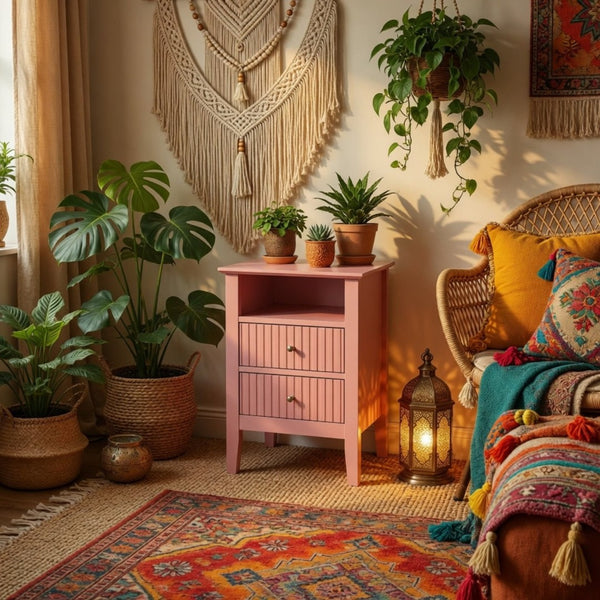 English Elm 18 Inch Fluted Pink Nightstand with 2 Drawers Gold Knobs Slim MDF Bedroom Side Table B082P514971