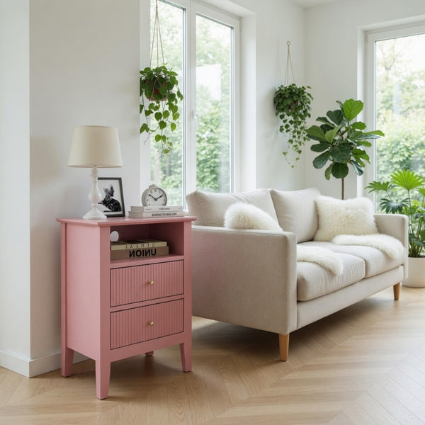 English Elm 18 Inch Fluted Pink Nightstand with 2 Drawers Gold Knobs Slim MDF Bedroom Side Table B082P514971