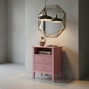 English Elm 18 Inch Fluted Pink Nightstand with 2 Drawers Gold Knobs Slim MDF Bedroom Side Table B082P514971