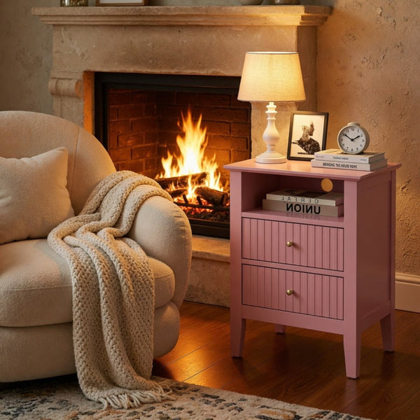 English Elm 18 Inch Fluted Pink Nightstand with 2 Drawers Gold Knobs Slim MDF Bedroom Side Table B082P514971