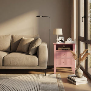 English Elm 18 Inch Fluted Pink Nightstand with 2 Drawers Gold Knobs Slim MDF Bedroom Side Table B082P514971