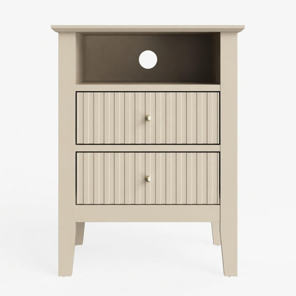English Elm 18 Inch Fluted Beige Nightstand with Soft Close Drawers and Gold Knobs for Modern Bedrooms B082P514972