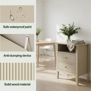 English Elm 18 Inch Fluted Beige Nightstand with Soft Close Drawers and Gold Knobs for Modern Bedrooms B082P514972