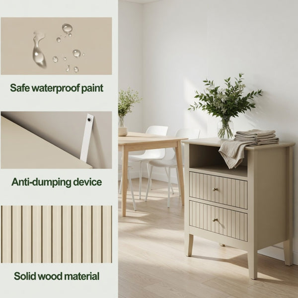 English Elm 18 Inch Fluted Beige Nightstand with Soft Close Drawers and Gold Knobs for Modern Bedrooms B082P514972