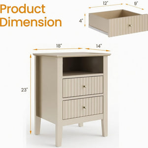 English Elm 18 Inch Fluted Beige Nightstand with Soft Close Drawers and Gold Knobs for Modern Bedrooms B082P514972