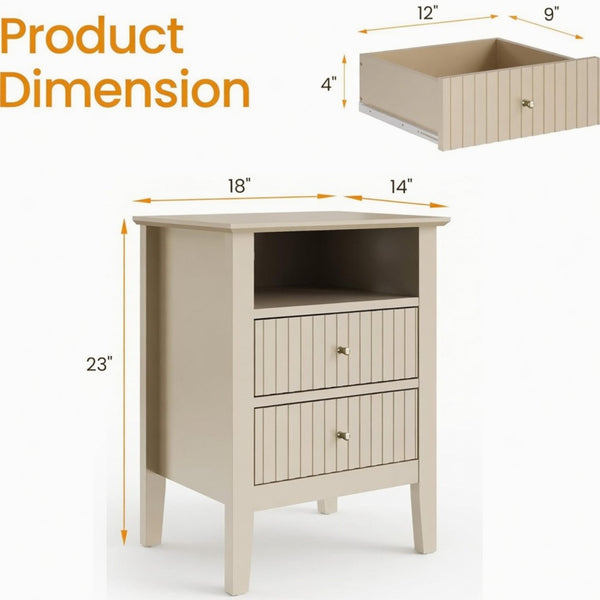 English Elm 18 Inch Fluted Beige Nightstand with Soft Close Drawers and Gold Knobs for Modern Bedrooms B082P514972