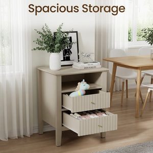 English Elm 18 Inch Fluted Beige Nightstand with Soft Close Drawers and Gold Knobs for Modern Bedrooms B082P514972
